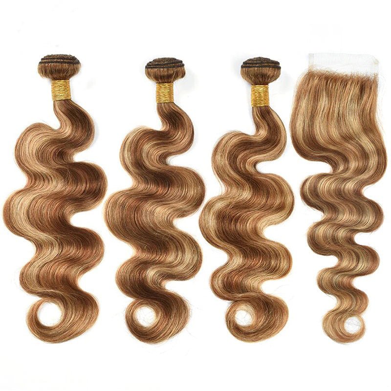 Highlight P4/27 Ombre Body Wave 3 Bundles With 4X4 Lace Closure 100% Real Human Hair - Perismoda Hair